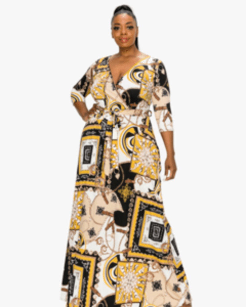 Front of a model wearing a size 1X Sachi Status Print Wrap Dress in Ivory/Mustard by L I V D. | dia_product_style_image_id:240898